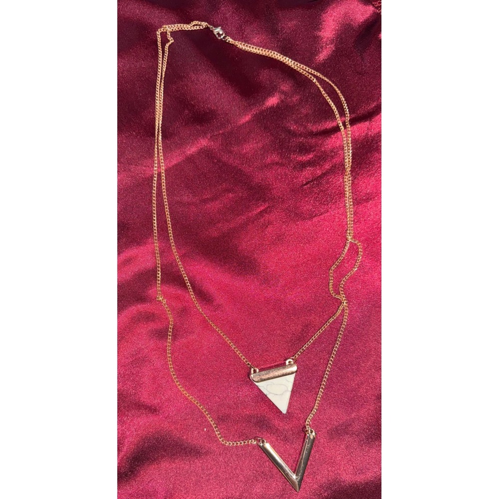 Gold Tone Layered Necklace Faux White Marble Triangle & Chevron V Pendant Set‎